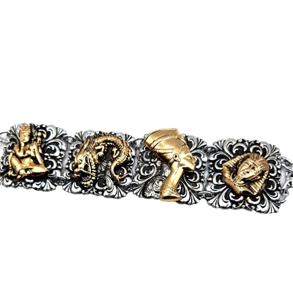 Vintage Mixed Motif Charm Panel Bracelet Buddha Dragon Nefertiti Egypt
